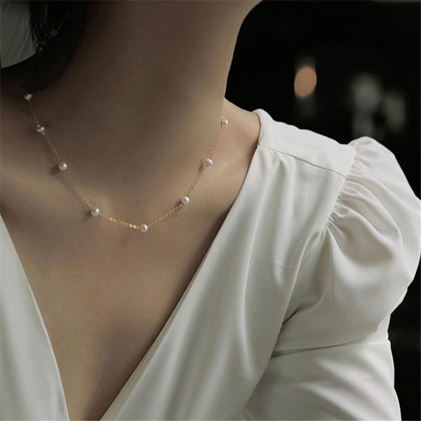

chains aomu gold color metal imitated pearl thin lock necklace simple irregular geometric hollow clavicle chain for women accessories, Silver