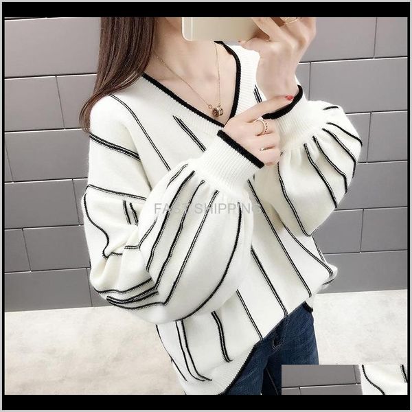 

women's sweaters apparel long lantern sleeve knitted sweater women v neck contrast color loose pullover autumn winter bkhtx, White;black