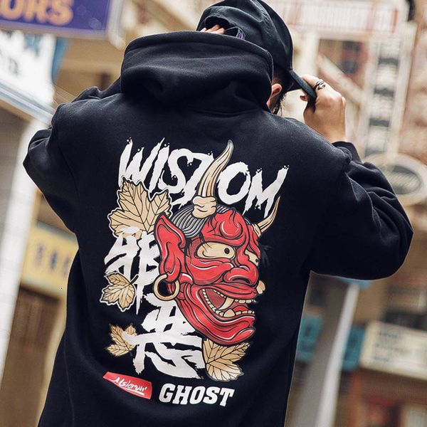 

manna with the hoodie of hip hop men japanese streetwear cool winter jacket devil printing male hoodies, Black