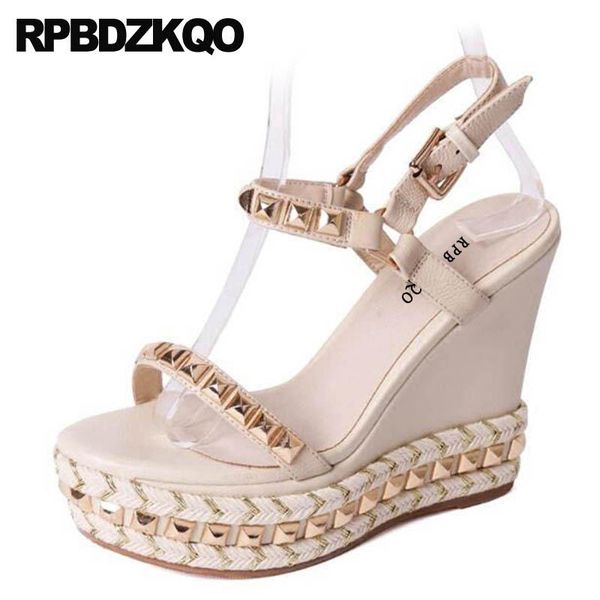 

fetish luxury slingback platform wedge sandals summer genuine leather espadrilles stud women rope pumps rivet high heels shoes, Black