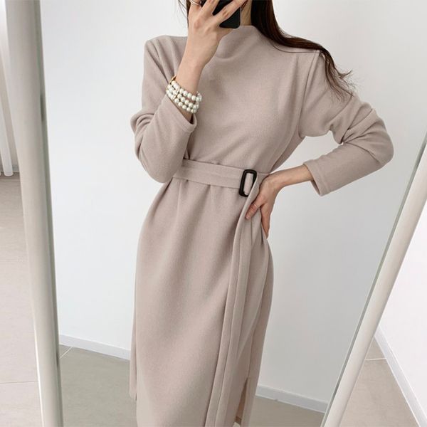 

spring women solid up knitting dress office lady black turtleneck long sleeve mid-calf dresses sashes 210513, Black;gray
