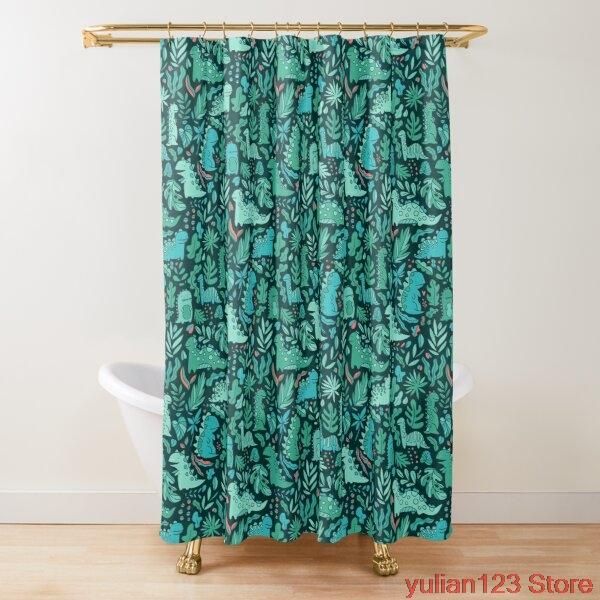 

cute dinosaurs and tropical leaves fabric shower curtains for bathroom - waterproof cloth bath curtain with 12 hooks