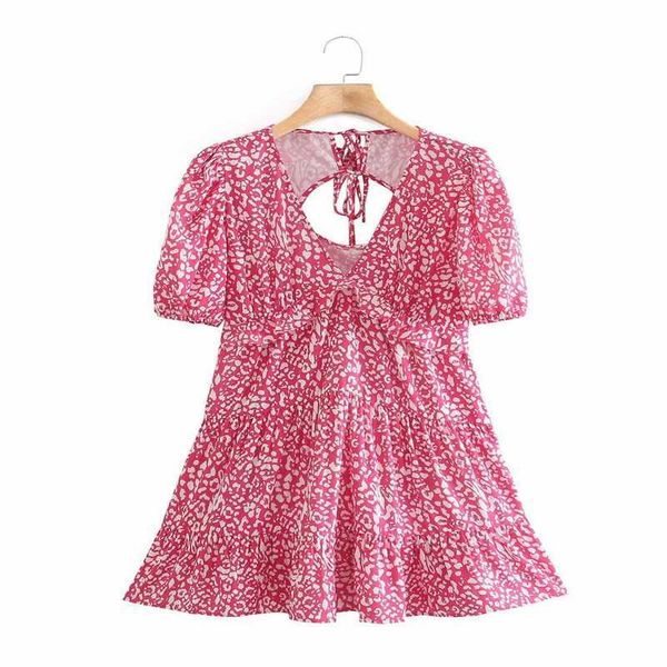 Abito estivo da donna con scollo a V stampa leopardata con apertura sul retro Abito a maniche corte con sbuffo allentato Stile coreano Abiti midi rosa sexy Sel 210712