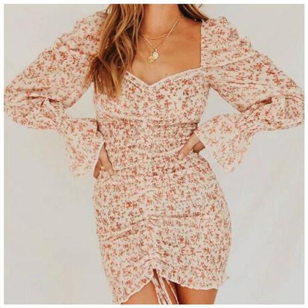 

casual dresses 2021 spring summer women dress floral print sashes beach ladies short boho mini girls high waist streetwear r557, Black;gray