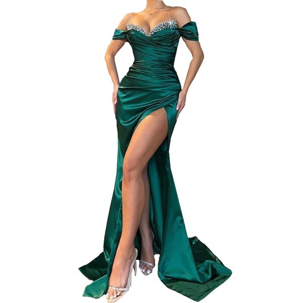 Sexy esmeralda verde vestidos de baile com alta divisão fora do ombro frisado plissado vestido de cetim macio vestido de noite womens festa formal 2022