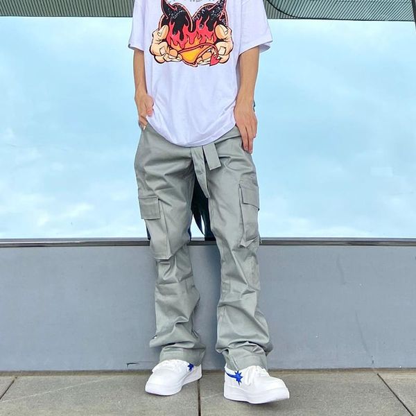 

men's pants sashes multi-pockets ankle button overalls for men and women retro streetwear cargo loose harajuku casual trousers, Black