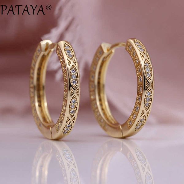 

pataya 585 rose gold circle drop earrings women wedding jewelry white round natural zircon luxury fashion retro grid earring, Golden