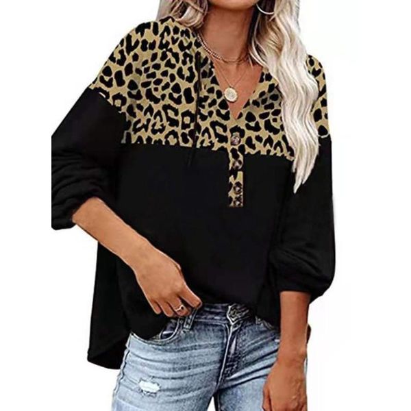 

women's blouses & shirts spring autumn long sleeve pullover fashion leopard print patchwork blouse women elegant drawstring buttoned wi, White