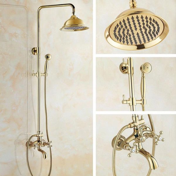 

bathroom shower sets gold color brass two cross handles wall mounted rain head bath tub faucet set telephone shape hand spray mgf443