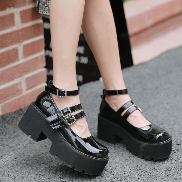 

dress shoes termainoov women pumps high heels petant leather round toe buckle platform square lolita mary jane fashion street, Black