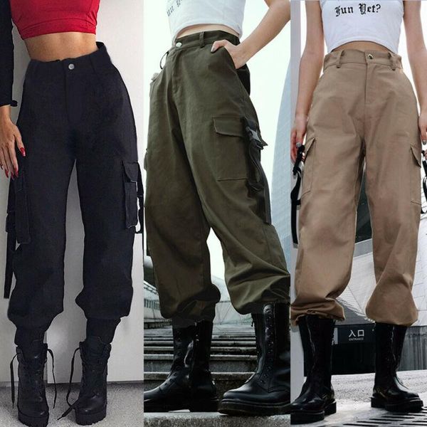 

women's pants & capris spring womens retro cargo trousers army high waist casual and loose solid soft sports combat wide leg long pocke, Black;white