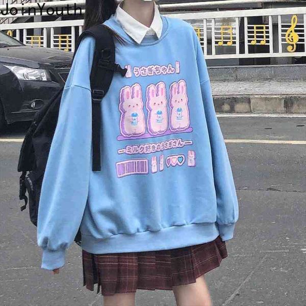 

japanese sweatshirt women sweet cute rabbit print coat oversized outwear streetwear o-neck casual hoodies, Black