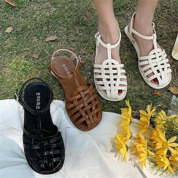

sandals fashion womens 2021 breathable closed toe korean version female beige summer simplicity rome flat shoes zapatos, Black