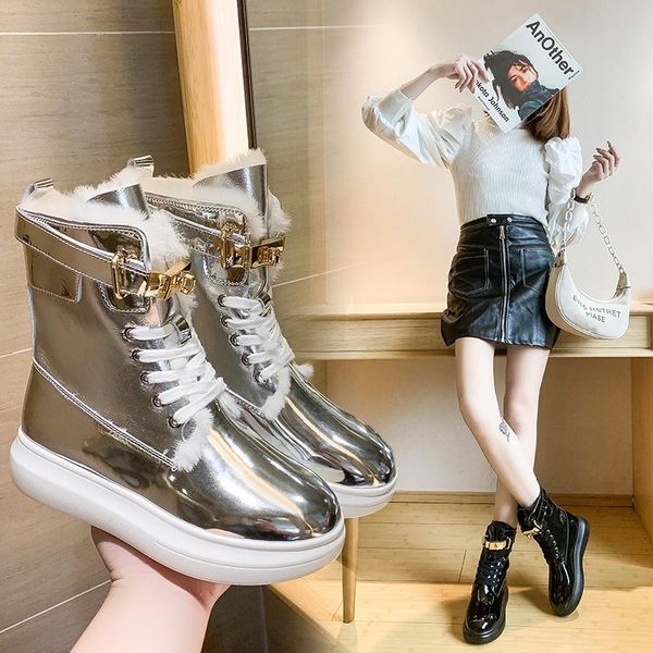 

boots women ladies silver mid calf woman platform shoes female casual brand fashion bottom botas motorcycle, Black