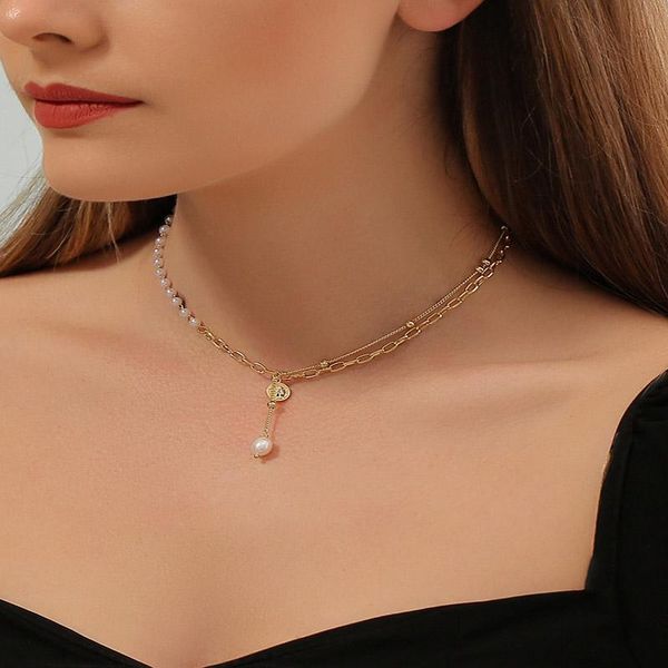 

vintage elegant white imitation pearl chain necklace gold color round portrait pendant for women fashion choker jewelry necklaces, Silver