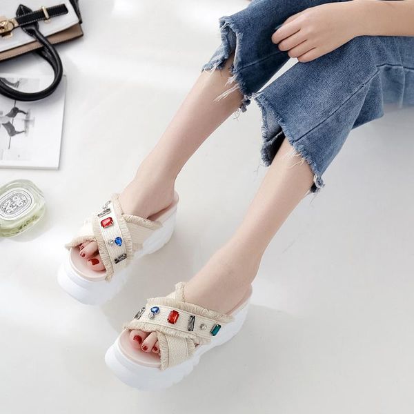 

glitter diamond tassel open toe platform sandals women cross band muffins sandalias handmade cane knitted wedges heels slippers, Black