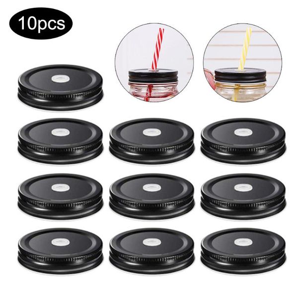 

storage bottles & jars 10pcs regular caliber drinking bottle covers with straw hole reusable leak-proof seal water cover cap for mason jar
