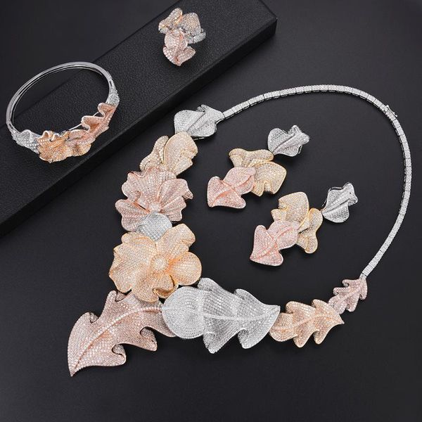 

earrings & necklace fashion flower leaf dubai african jewelry set bridal sets bangle ring for women bijoux femme, Silver