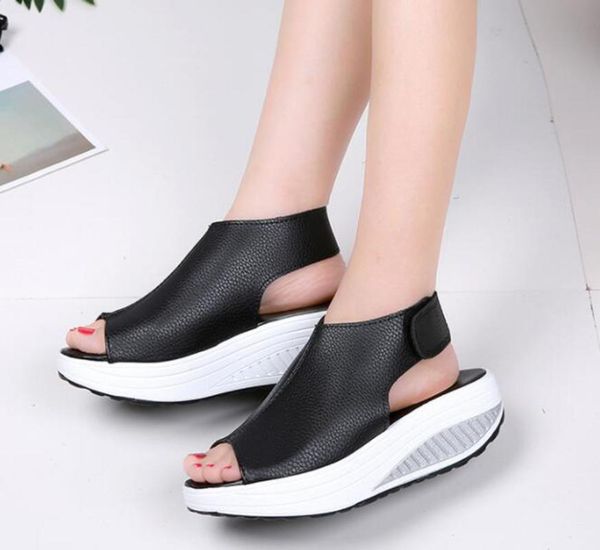 

dress shoes large size 35-43 fish mouth thick bottom shake sandals female waterproof platform increased fashion hook loop leather, Black