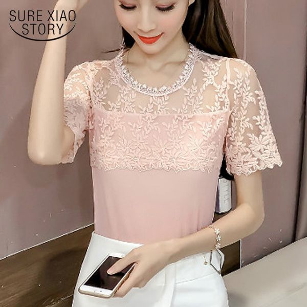 

summer women shirt short sleeve chiffon causal blouse office lady lace mesh sweet hollow white blusa d646 30 210521