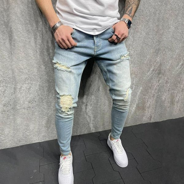 

new men slim jeans knees holes casual runway biker zipper denim hiphop pants washed high quality, Blue