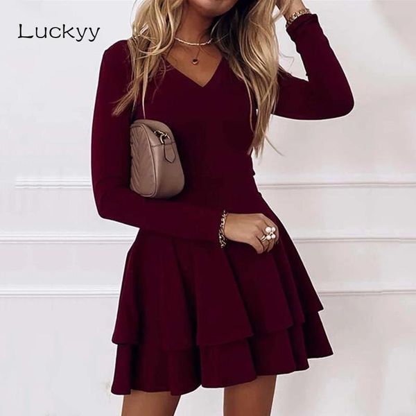 

summer woman dress solid long sleeves v neck a-line above knee party 2021 elegant ruffles fashion dresses for women casual, Black;gray