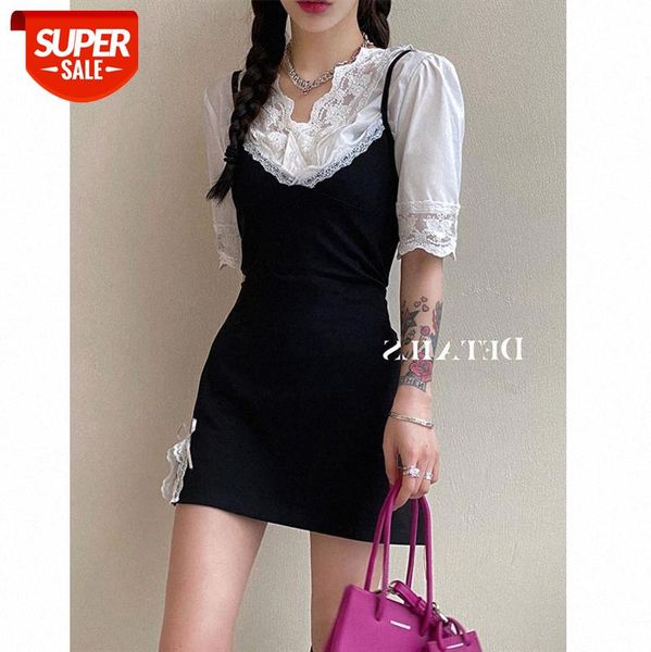 

slim-fit v-neck sling dress for women with inner and outer wear + two-piece lace blouse can be issued on behalf of #km9f, White;black