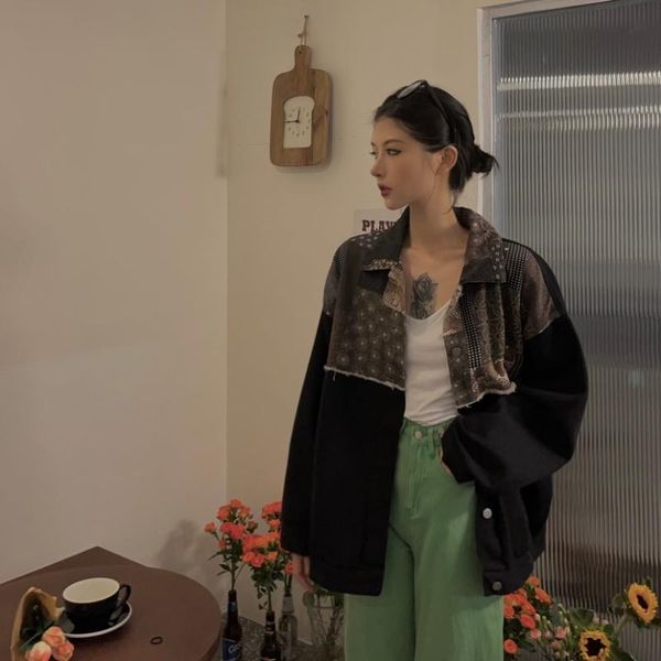 

women's jackets whoholl women coat jacket 2021 autumn clothes ins color blocking patchwork long sleeved denim loose chic design top, Black;brown