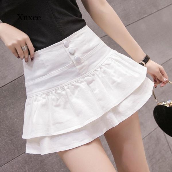 

skirts ruffle high waist denim skirt shorts woman summer vintage ladies short jeans casual all match button tutu saia female, Black
