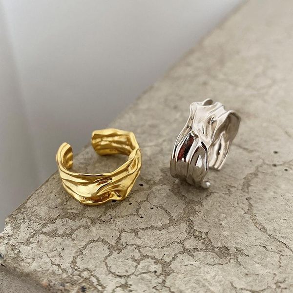 

cluster rings silvology 925 sterling silver irregular texture wide ladies japan korea thick folds for women fashionable jewelry, Golden;silver