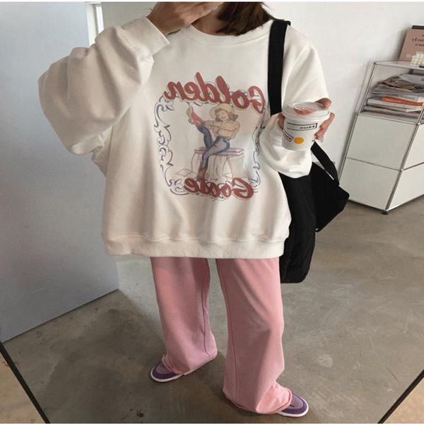 

real s 2021 spring retro pattern hoodie letter printing large size round neck hoodies women loose pullover mid-length y251 women's & sw, Black