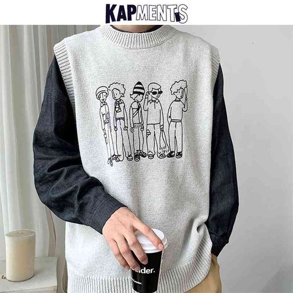 KAPMENTS Männer Cartoon Harajuku Pullover Weste Winter Herren Japanische Streetwear Gestrickte Pullover Männlich Lose Vintage 210923