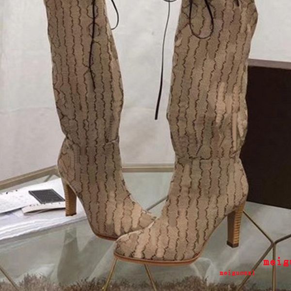 

designer women boots genuine leather red beige canvas over the knee boot's zipper laces fashion luxury high heel womens brand00, Black
