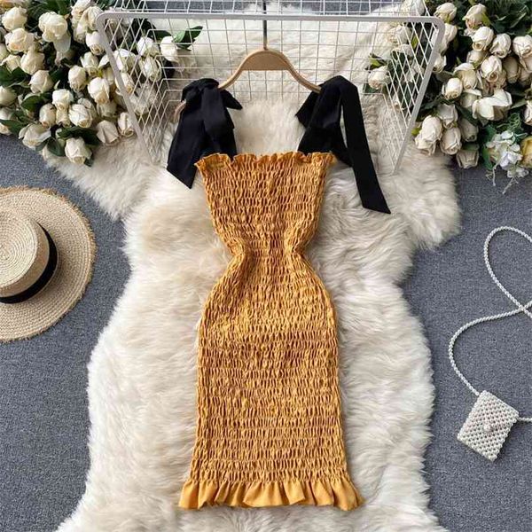 

fashion bow tied spaghetti strap mini bodycon dress patchwork folds pleated slim party chic women's summer es 210603, Black;gray