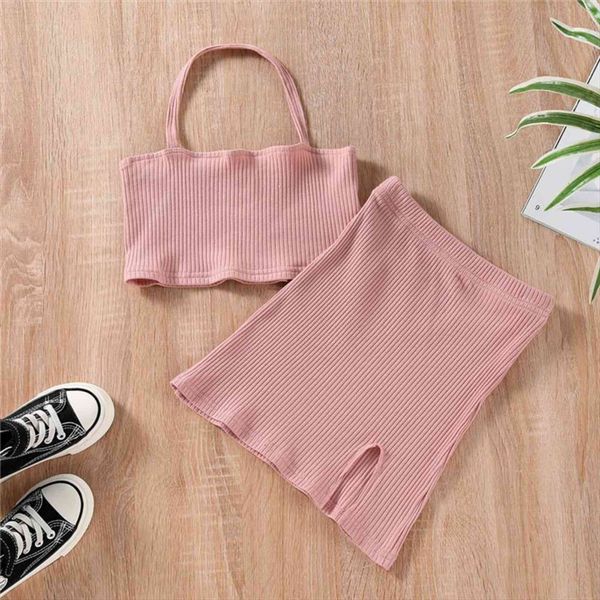

2pcs kids summer outfit clothing solid color ribbed halter neck sleeveless crop skirt for girls sets 2 7 years, White