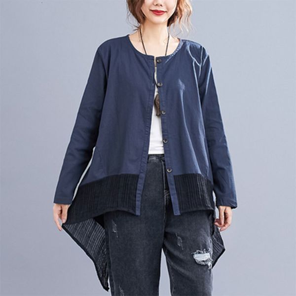 

women's blouses & shirts spring arts style women long sleeve asymmetry loose single-breasted patchwork cotton linen casual blouse, White