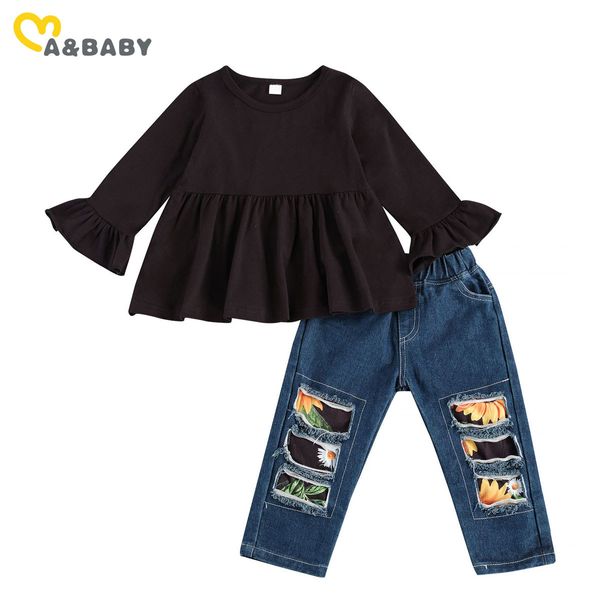 2-8y primavera outono crianças crianças garotas roupas conjunto preto babados manga longa túnica flor jeans calças jeans outfits 210515