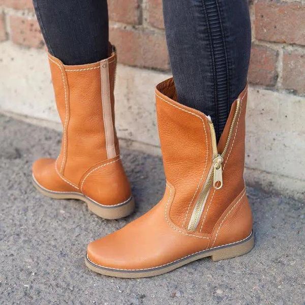 

boots plus size 35-43 women riding knight mid calf zipper low heels winter shoes female comfort casual western booties, Black