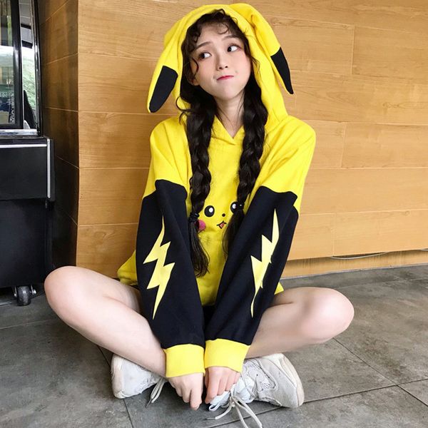 

women hoodie spring and autumn women's cartoon printed cute girl long ear super dalian hat sweatshirt, Black