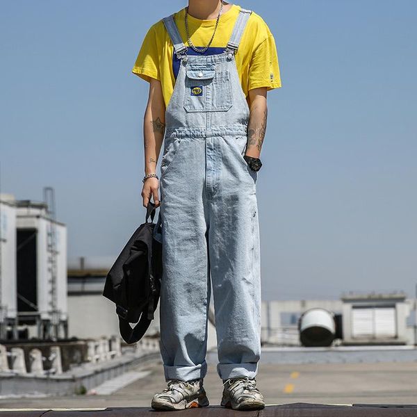 

men's jeans fall/spring men/women retro straight leg suspender vintage casual jumpsuit loose long bib pants dad denim, Blue