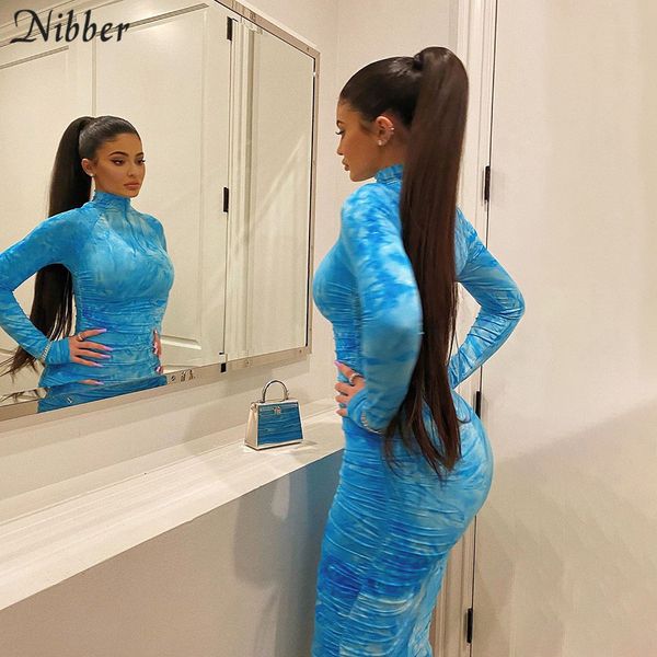 

nibber colorful tie-dye full sleeve bodycon midi dresses womens trendy blue dress ladies basic street stretch dress, Black;gray