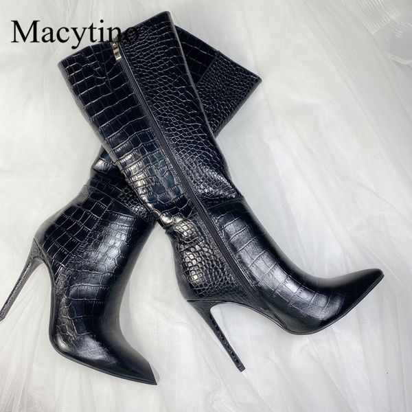 

boots winter black cowhide crocodile pattern high-heeled boots brown mid-tube full leather inside and outside women's lu83