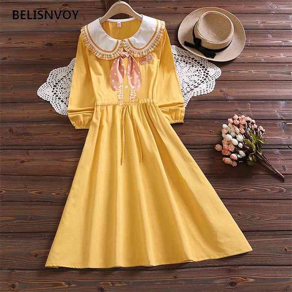 Sweet Preppy Style Fashion Streetwear Ulzzang Manga Longa Vestido Ruffles Peter Peter Pan Collar Lazer Arco A-Linha Vestidos 210520