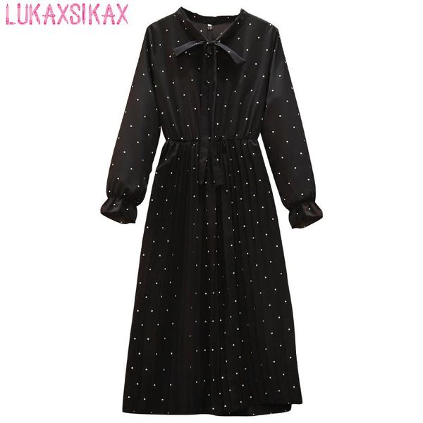 

spring autumn women long sleeve dress elegant vintage fashion dots print pleated hem black chiffon casual dresses, Black;gray