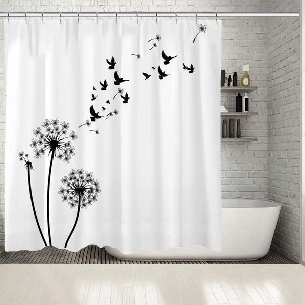 

shower curtains curtain with dandelion flying seeds silhouette summer wild plant artistic illustration black and white