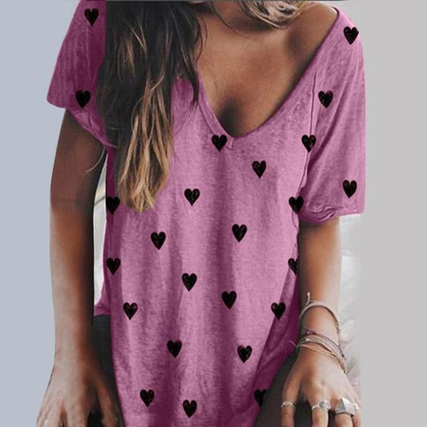 

women's t-shirt deep v-neck woman t-shirts summer casual heart printing t shirt women loose polka dot graphic streetwear, White