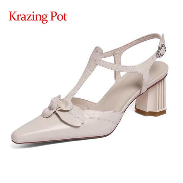 

krazing pot summer genuine leather square toe high heels strange style vintage dating flower buckle straps women sandals l59 dress shoes, Black