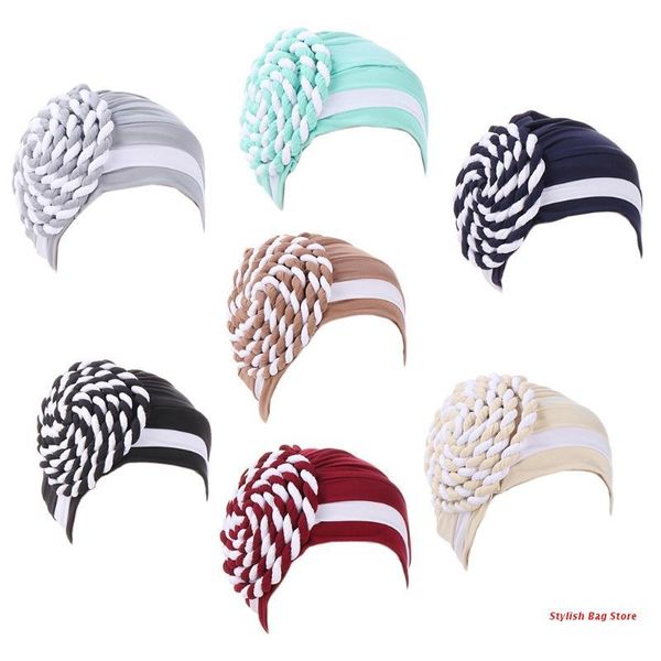 

beanies muslim pre-tied turban hat side twist braid headwrap color block chemo cap