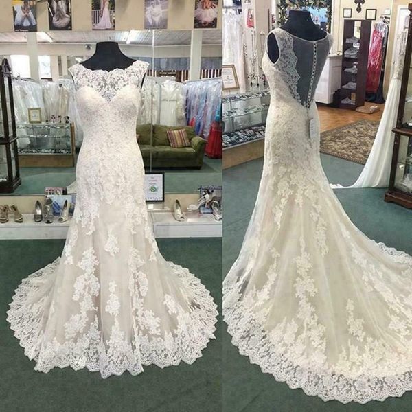 

mermaid lace wedding dresses sparkling ball gowns scalloped applique wedding bridal gowns, White