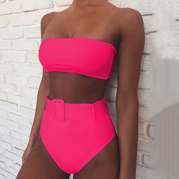 Sexy neongrüner Badeanzug mit hoher Taille Bikini 2021 Frauen Tanga Bademode weiblich Zwei Stücke Bikini Set Schnalle Bund Badeanzug Y0820